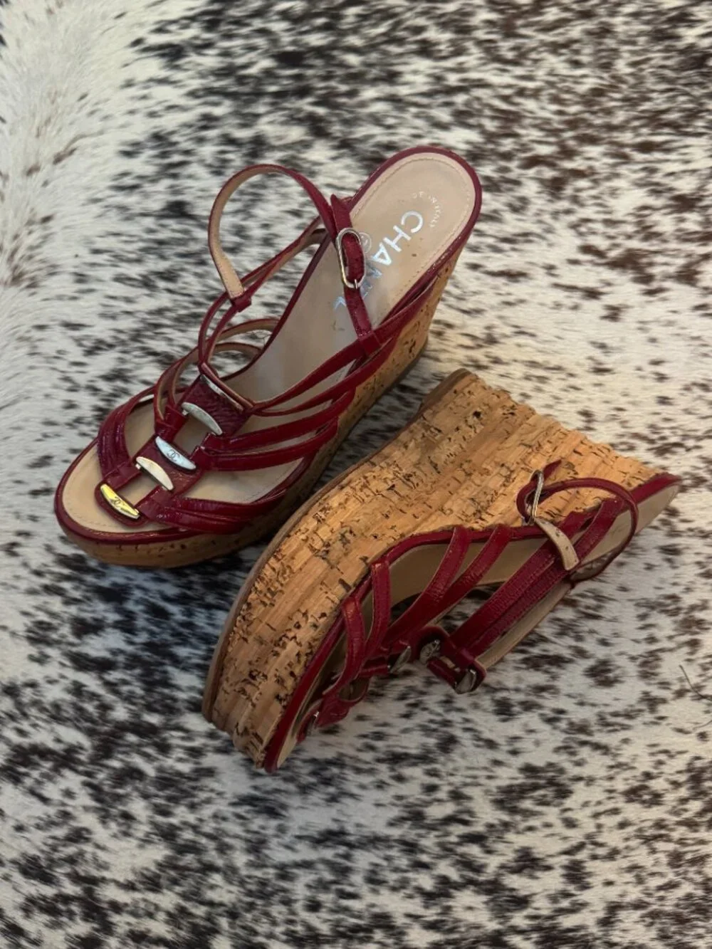 Chanel Red Patent Leather Cork Platform Wedge Gladiator Sandals 37